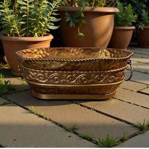 Planter, Metal With Copper Tone Hammered, Braided Handles & Edges Cachepot, 13x5
